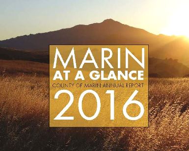 A screengrab of the Annual Report cover page, saying Marin At a Glance 2016 with a photo of Mount Tamalpais in the background.