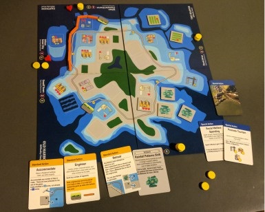 An overhead view of the Game of Floods board game