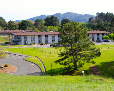 A view from a hillside of the former Golden Gate Baptist Seminary property, with open grassland and a large building in the background.