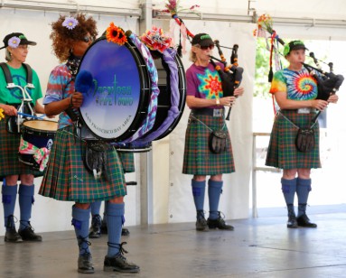 An Irish pipe band wears kilts and tie-dyed T-shirts at the 2017 Marin County Fair.
