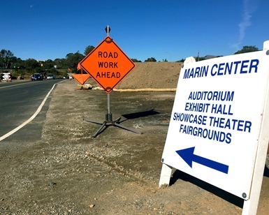 Signs show the detours at the Civic Center Drive Improvement Project in San Rafael.
