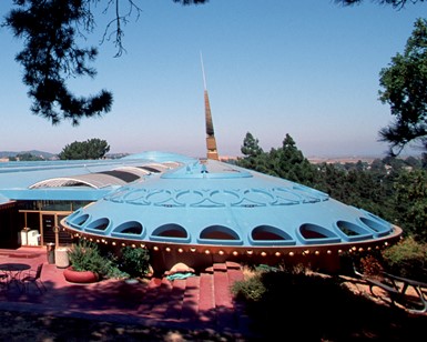 A view of the distinctive blue roof of the Marin County Civic Center.