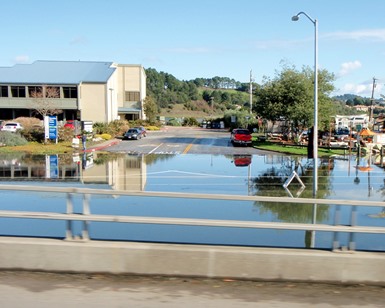 A view from Highway 101 showing flooded streets in Sausalito near Richardson Bay.