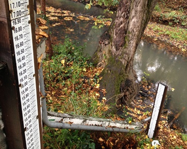 A water depth gauge is shown at a spot on Corte Madera Creek in Ross.