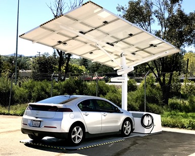 A solar charger is shown with an electric car parked underneath the panels.