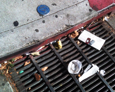 Pieces of trash are shown sitting on a storm drain grate.