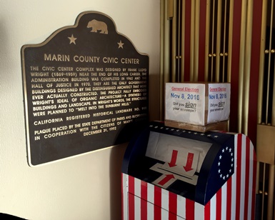 A dropoff box for election ballots is shown at the South Arch of the Marin County Civic Center.