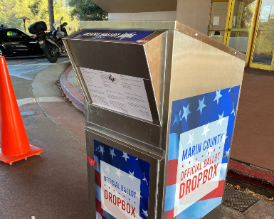 A view of the ballot dropbox stationed outside of the Marin County Civic Center.