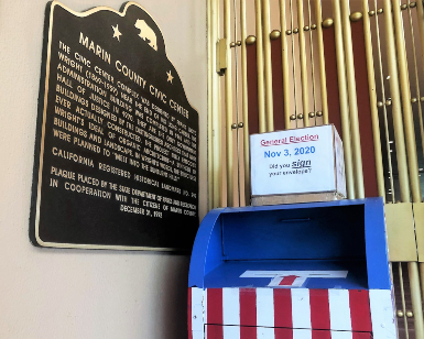 A view of the Election Department's ballot box outside the south archway of the Marin County Civic Center.