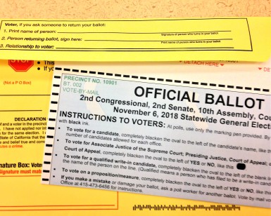 A ballot and envelope for the November 6, 2018, general election