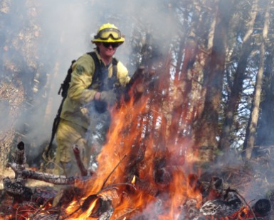 A firefighter is shown behind a pile of burning debris.
