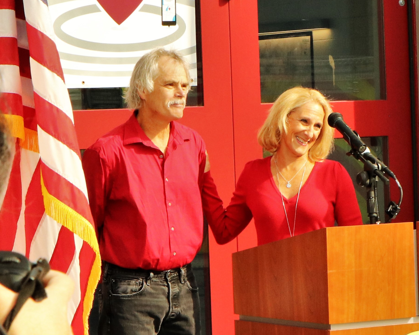 Al Hart (left) and Trish Hart smile at a press conference to mark the debut of the PulsePoint app in Marin County. 