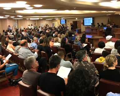 A large crowd sits in the Board of Supervisors chamber during a hearing about the closure of County health clinics.