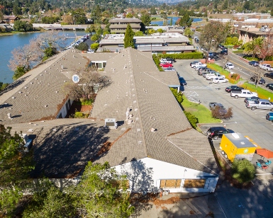 an aerial view of the property at 1251 South Eliseo Drive in Larkspur, a future facility for formerly homeless individuals.