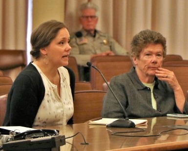 Ashley Hart McIntyre of Marin HHS speaks to the Board of Supervisors while Mary Kay Sweeney of Homeward Bound of Marin looks on.