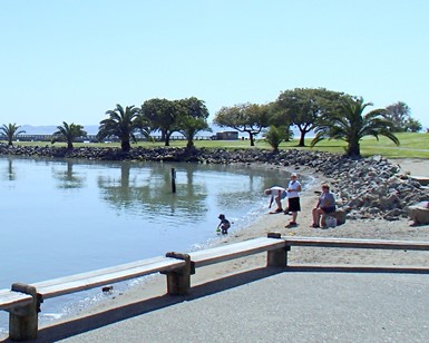 A view of several people hanging out near the pier at McNears Beach Park