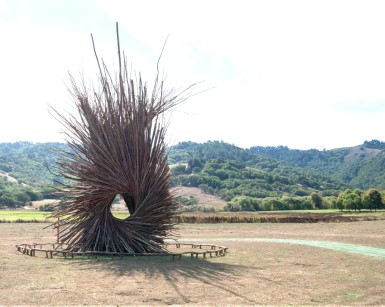 The Spirit Nest situated at Stafford Lake Park near Novato, with rolling hills in the background.
