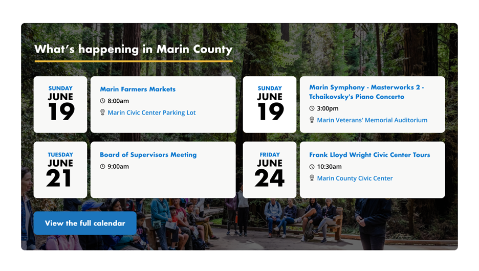 What's happening in Marin County section of home page showing 4 sample events plus a View the full calendar link.