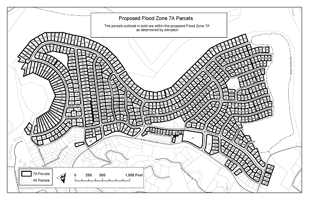A map showing the parcels with the within the proposed Flood Zone 7A