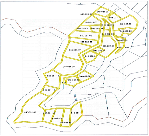 Map showing the parcel boundaries of the Madrone Park Circle Permanent Road Division