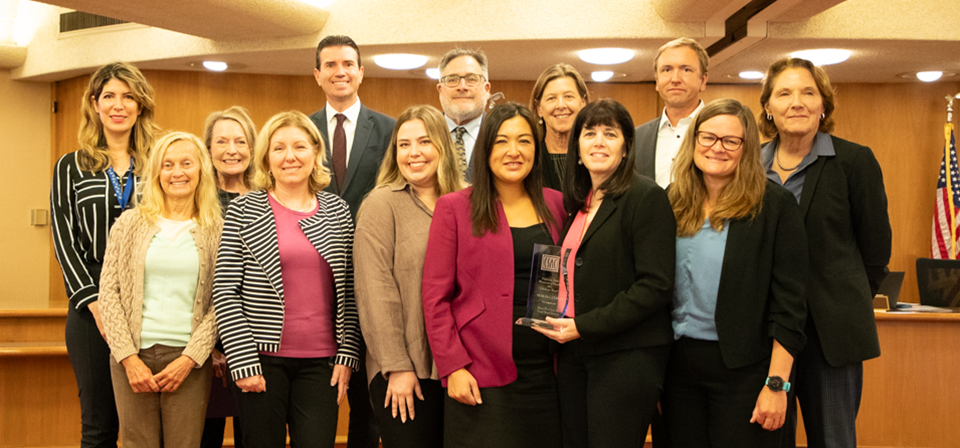 Assessor-Recorder-County Clerk Shelly Scott accepts 2022 Challenge Award from Jacqueline Hernandez, from the California State Association of Counties (CSAC) on September 12, 2023.