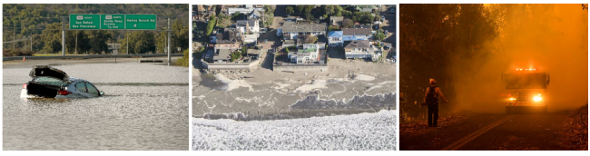 three images, one of  flooded Highway 37 with a car floating in the water, one of an aerial view of the rising tide at Stinson Beach and one of Marin County firefighters fighting a wildfire.