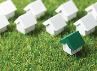 Green roofed home on lawn among white roofed homes. 