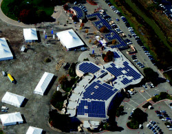 An aerial view of the Marin Center Exhibit Hall roof showing the solar arrays.