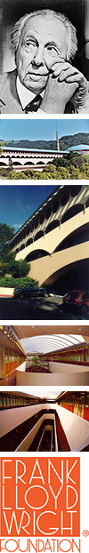 Collage of images of Frank Lloyd Wright and the Marin County Civic Center