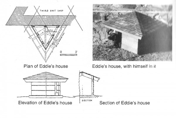 Picture of Eddie in the doghouse; also a reproduction of its blueprints