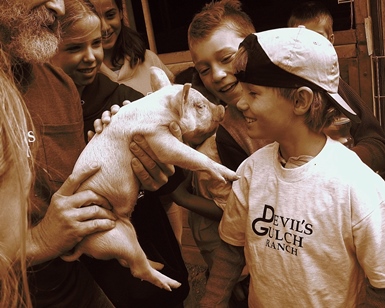 A farmer on the left holds up a piglet so that a smiling boy on the right can kiss the pig's snout.