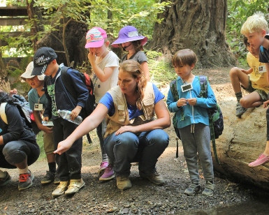 A woman who appears to be a wildlife educator points into a creek as several children look in that direction.