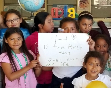 Several smiling children hold up signs that show how much they like Marin County 4-H.