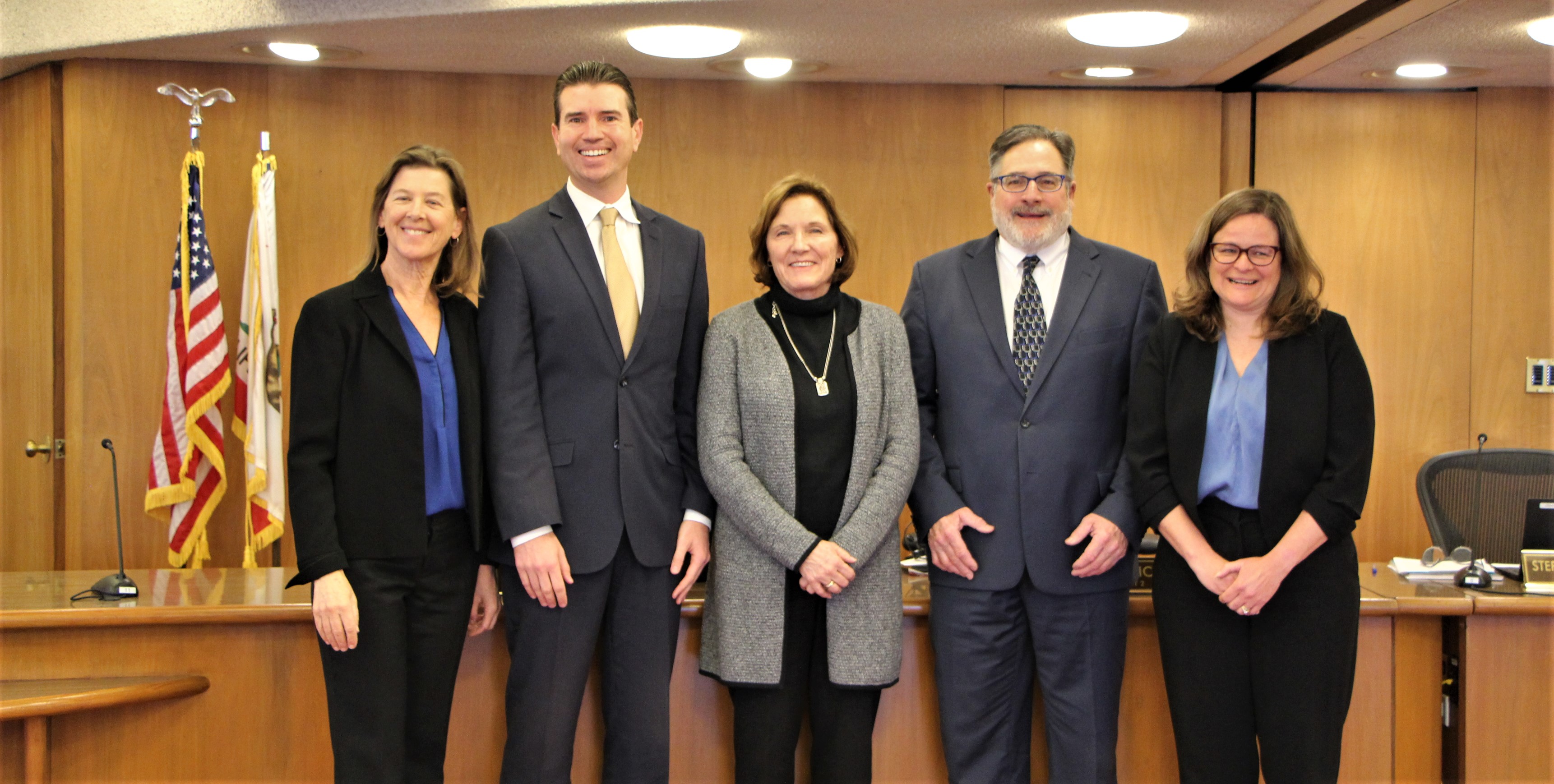 Marin County Supervisors stand shoulder to shoulder. From left are Katie Rice, Eric Lucan, Stephanie Moulton-Peters, Dennis Rodoni, and Mary Sackett