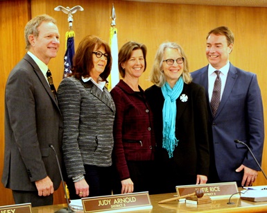 Supervisors pose left to right -- Steve Kinsey, Judy Arnold, Katie Rice, Kate Sears, Damon Connolly
