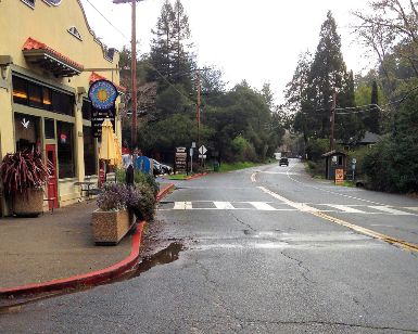 A view of Sir Francis Drake Boulevard looking east with the Lagunitas Deli on the left.