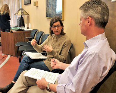 Marin County Board of Supervisors President Katie Rice (left) speaks with Assistant County Administrator Dan Eilerman during a meeting on March 16, 2020.