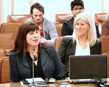 Cultural Services Director Gabriella Calicchio (left) and Agricultural Institute of Marin's Brigitte Moran (right) speak before the Board of Supervisors.
