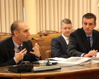 County Administrator Matthew Hymel (on left) speaks to the Supervisors as budget manager Bret Uppendahl (on right) looks on.