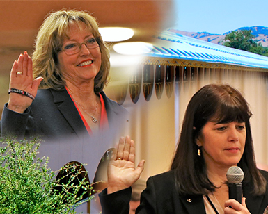 Lori Frugoli (left) holds up her hand while taking the oath of office as District Attorney, and Shelly Scott (right) holds up her hand while taking the oath as Assessor-Recorder-County Clerk.