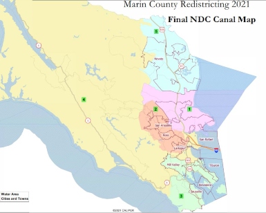 A screengrab of the final map of Marin County after supervisorial redistricting.