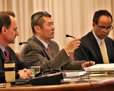 Tom Lai of the Community Development Agency speaks to the Board of Supervisors about the San Geronimo Golf Course voter initiative.