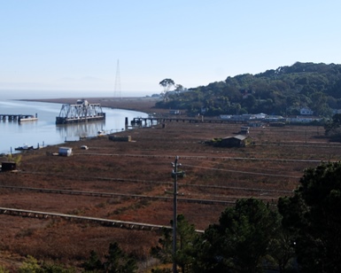 A view of the marshlands of Black Point, with the Petaluma River on the left and the hilly neighborhood on the right