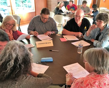 People from Stinson Beach sit around a table learning about sea-level rise at a past public meeting.