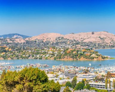 a hilltop view of Richardson Bay, with Sausalito in the foreground and Belvedere in the distance.