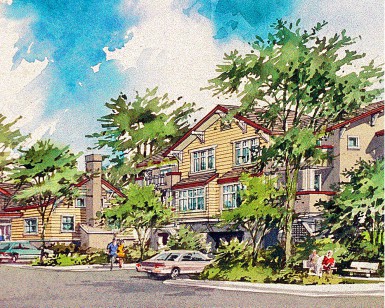 An architectural rendering of a multifamily housing complex, with homes and trees and a car in the driveway.