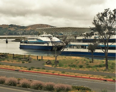A view of the Larkspur Ferry terminal from the Marin Country Mart, where Shrinking Shores event is taking place on June 9, 2018.