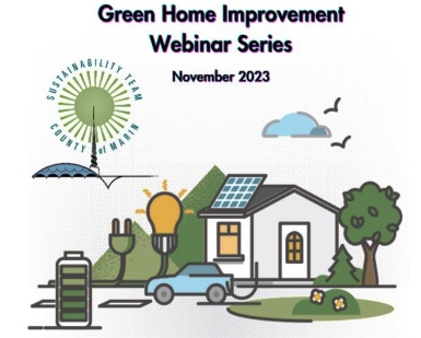 Artistic graphic on Green Home Improvement Webinar series, showing a home and car 