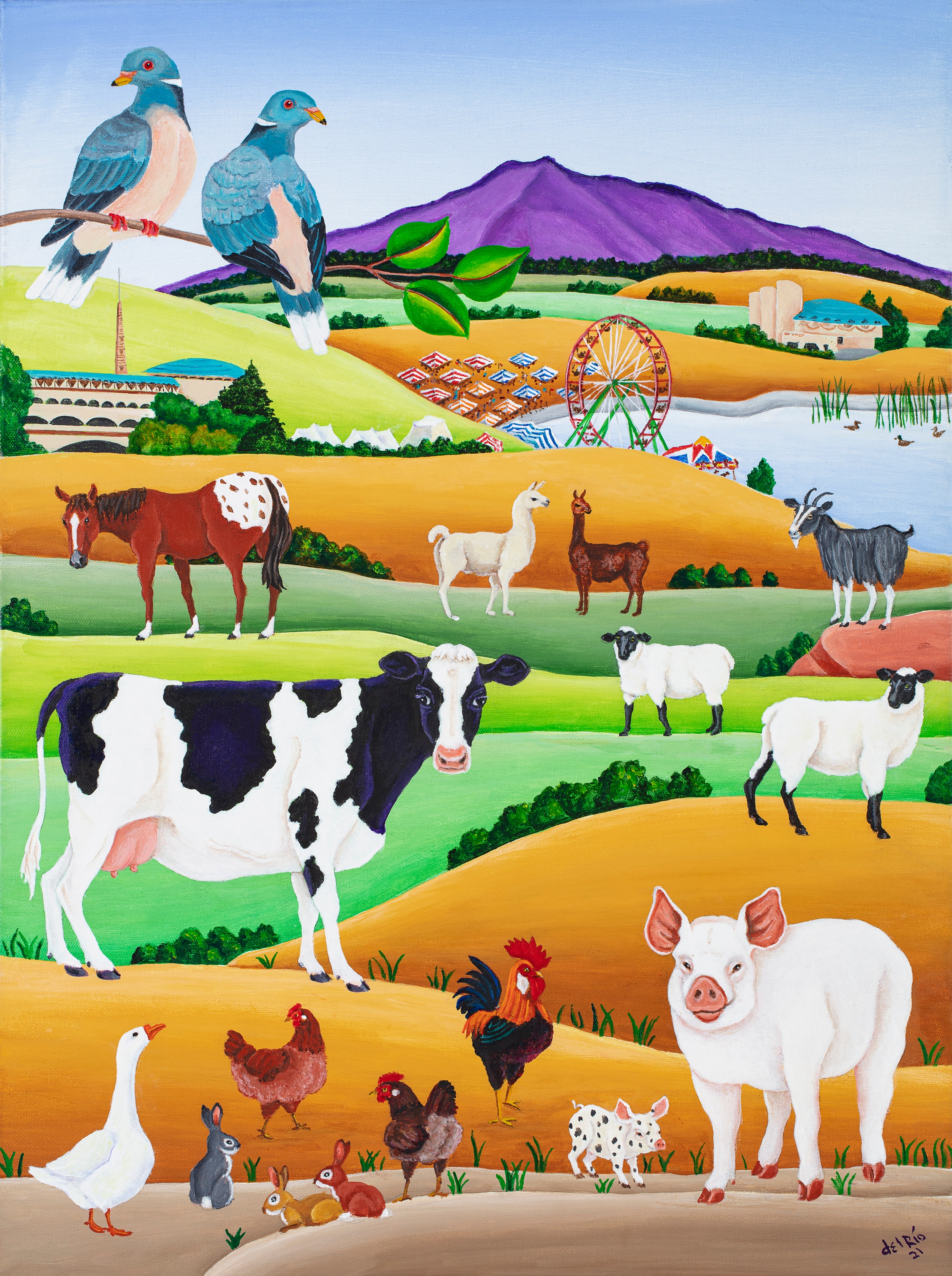 The 2022 Marin County Fair promotional poster by artist Raul Del Rio depicts the Marin landscape, the county fairgrounds, and farm animals.