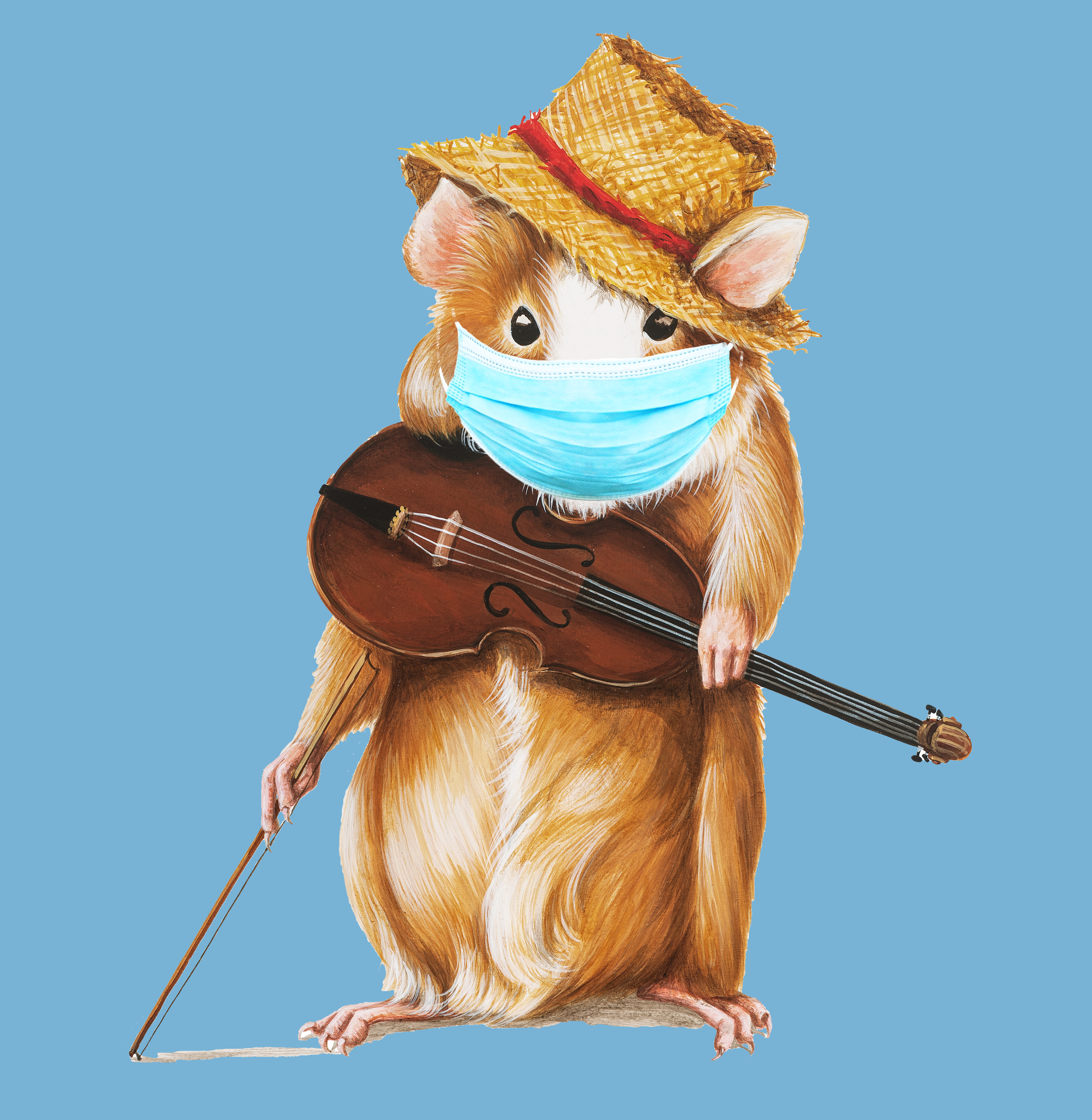 A caricature of Henri the Rat holding a fiddle and wearing a protective mask.